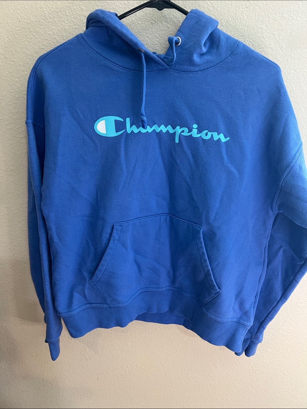 Champion Men’s Bright Blue Crewneck Hoodie with Light Blue Logo